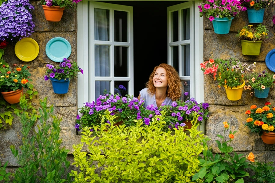 Mujer asomada ventana alegre